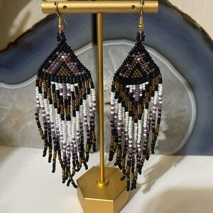Boho Seed Bead Fringe Earrings — Black, White & Purple